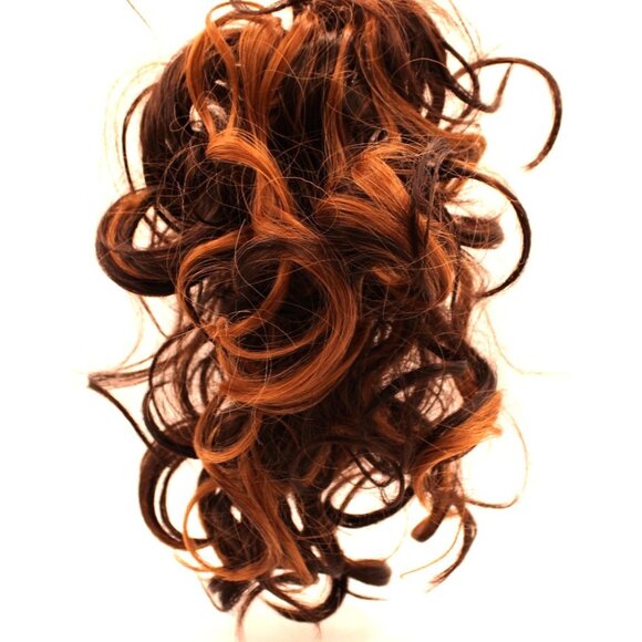 Curly Clip In Hair Extension 10" Ponytail Bun Brown Caramel Highlights Claw Clip - Picture 1 of 10